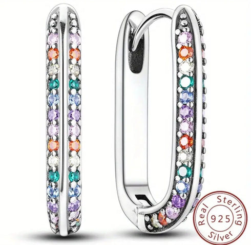 Micro Pave Multicolor Sterling Silver U-Shape Cubic Zirconia Women Hoop Earrings